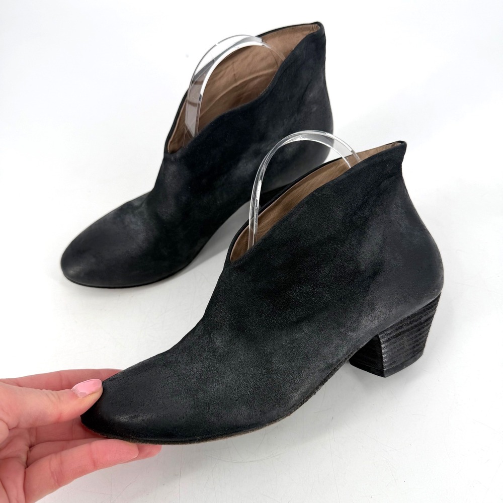 Elisanero Leather Ankle Boots Women 38 Black V-Cut Distressed Avant Garde Goth‎